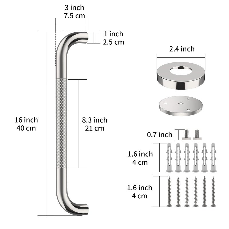 ZUEXT 2 Pack 16 Inch Anti Slip Shower Grab Bar Handle, ZUEXT Chrome Stainless Steel Bathroom Grab Bar, Knurled Bathroom Balance Bar,Safety Hand Rail Support,Handicap Elderly Injury Senior Assist Bath Handle - Image 2